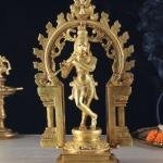 Pure Brass Lord Krishna with Celestial Aura Prabhavali Idol - 12.5" Height, Golden Finish